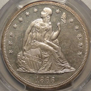 Beautiful 1866 N/M Liberty Seated Dollar (PCGS)